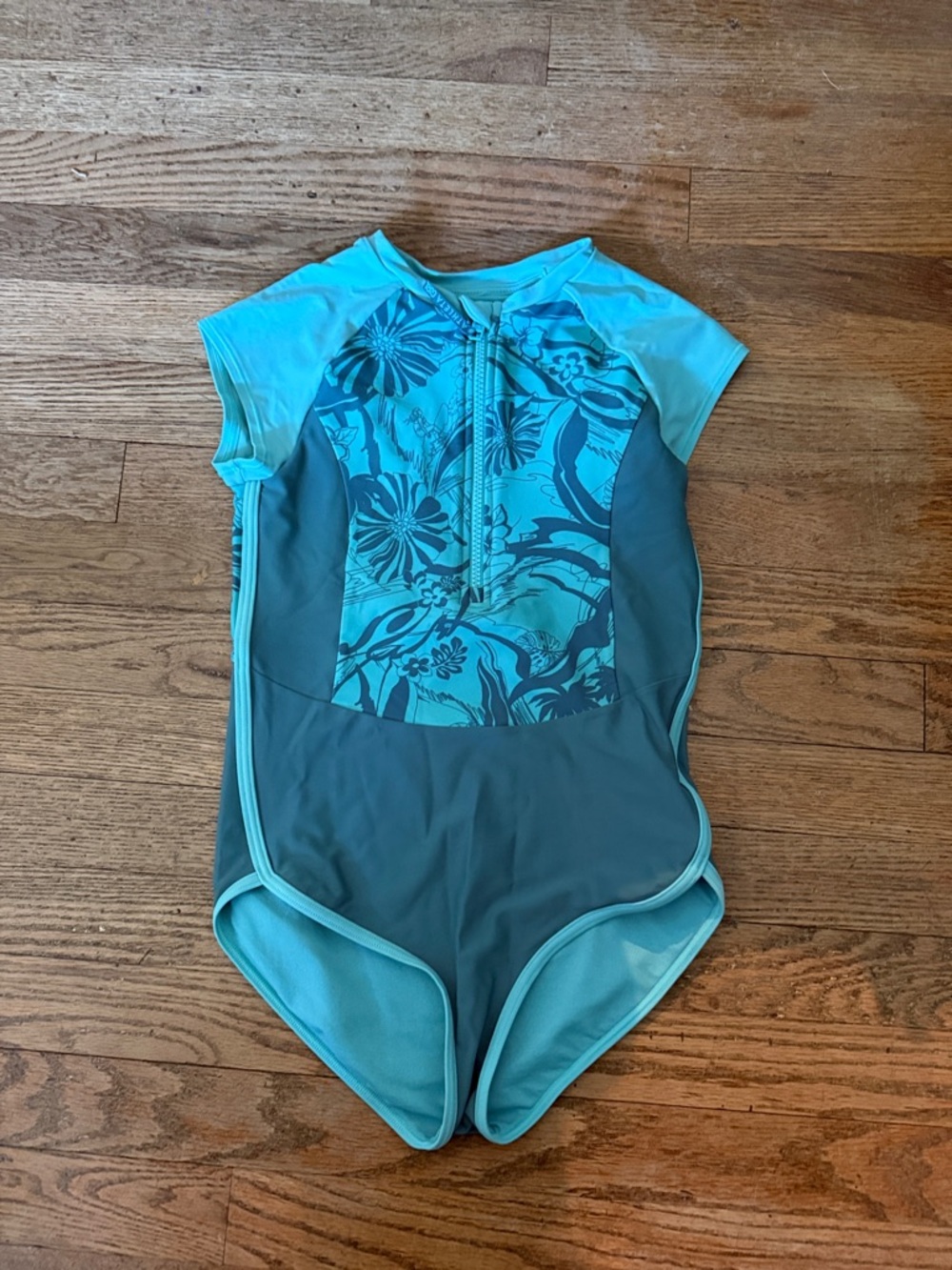 Athleta Aqua Floral Front-Zip Girls' One-Piece Swimsuit Sz L
